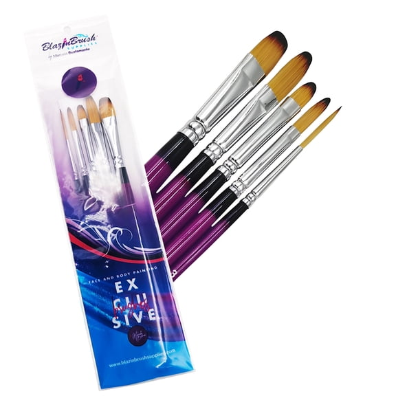 Blazin Brush Filbert Face Paint Brush - Set of 5 , Professional Face Painting Brush Kit, Taklon Bristles, Purple Handle, Artist Brushes for Acrylic Painting Watercolor Oil Gouache
