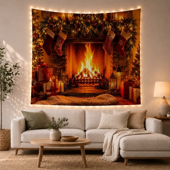 Blazing Fire Beneath Stockings and Garland, Cozy Rustic Art for Holiday Decor Lovers, Seasonal Hearth Decor, Christmas Gift, Tapestry Wall Hanging for Living Room and Den