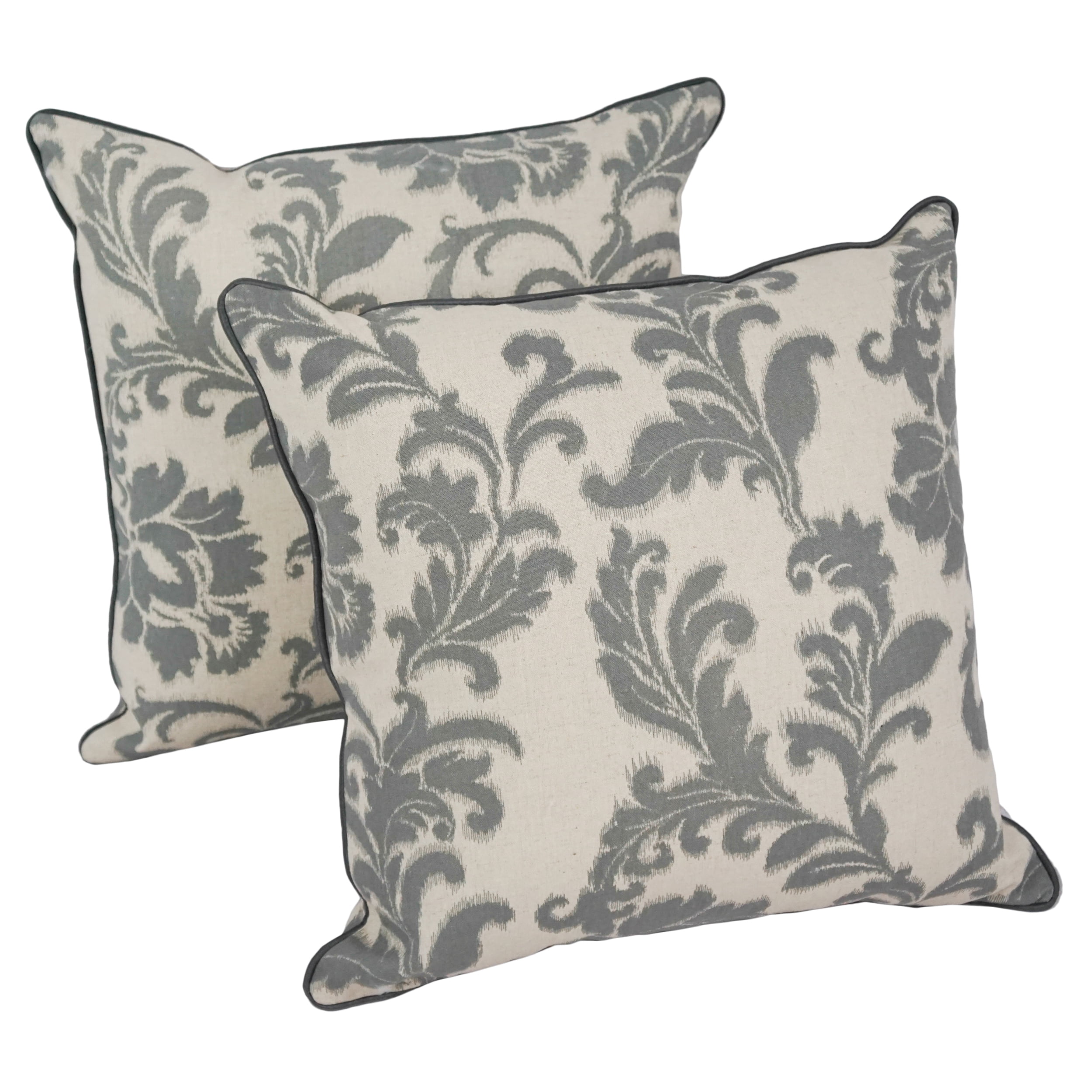 Gray and Off-White Baroque Print Linen Throw Pillow Set