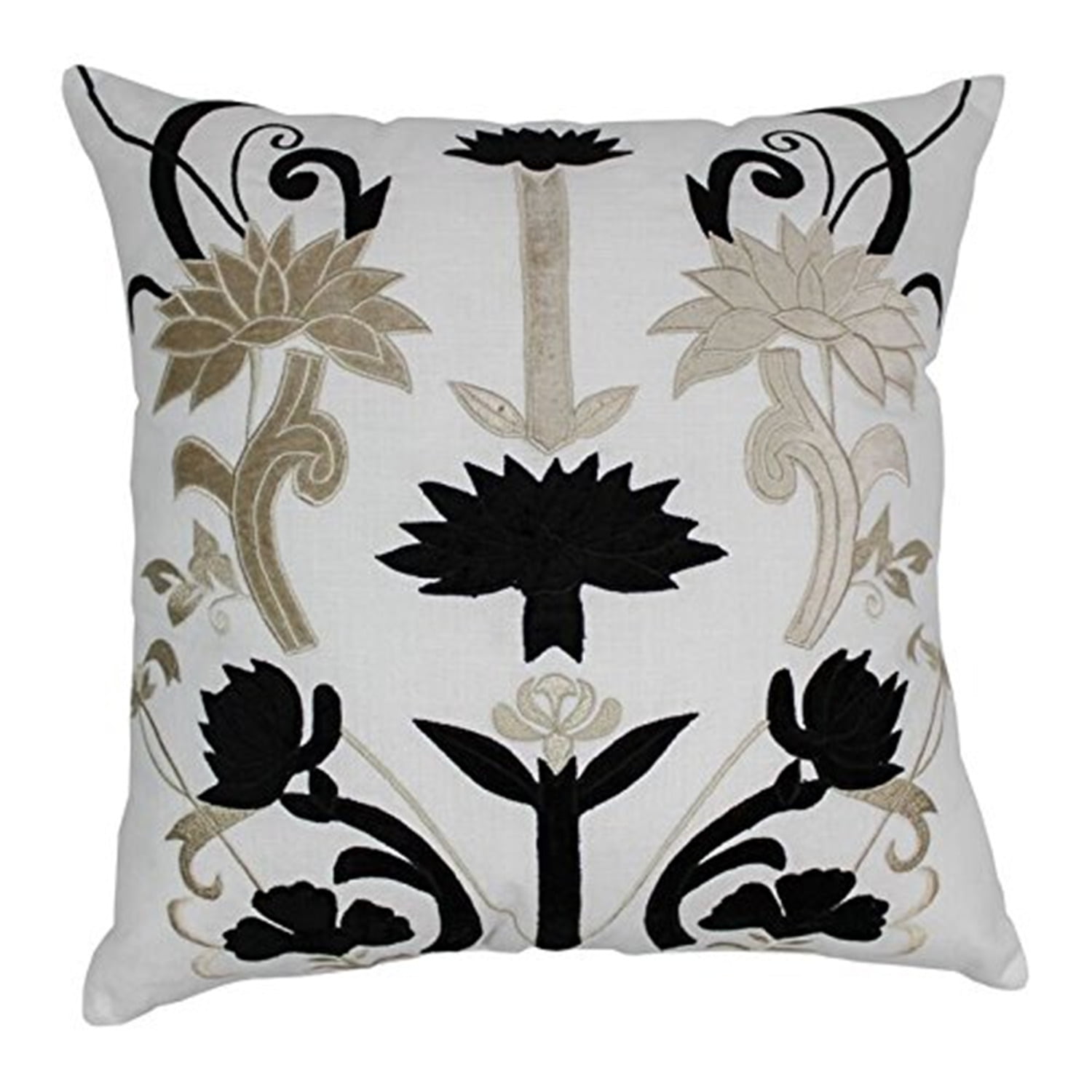 Elegant Black and Platinum Floral Velvet Applique Square Pillow