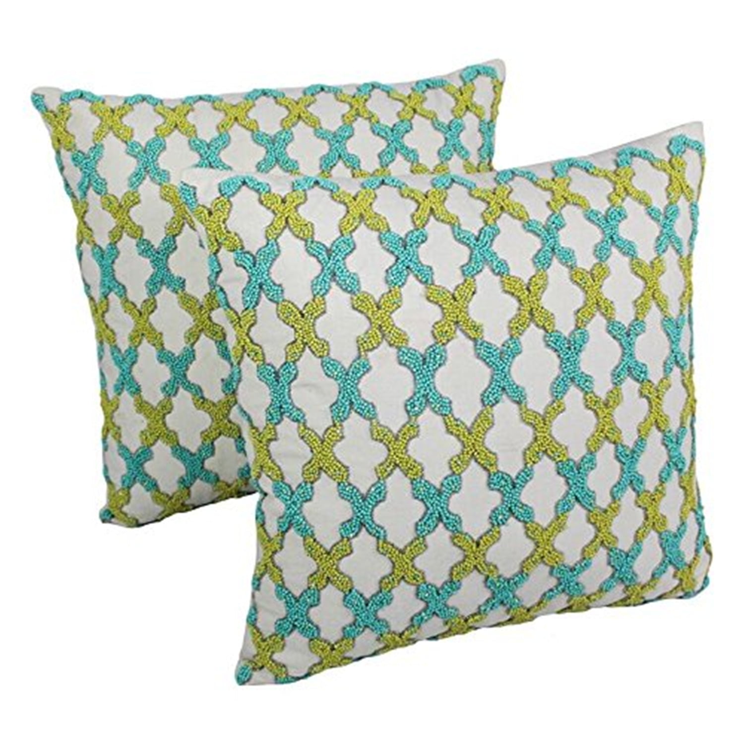 Sea Green and Teal Beaded Cotton Square Throw Pillows Set