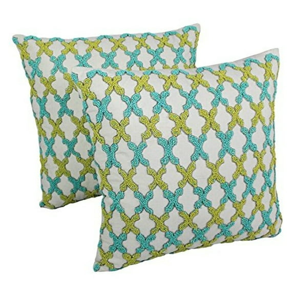 Blazing Needles 20-inch Moroccan Patterned Beaded Cotton Throw Pillows (Set of 2)-Style:Sea Green & Teal beads/Ivory Fabric