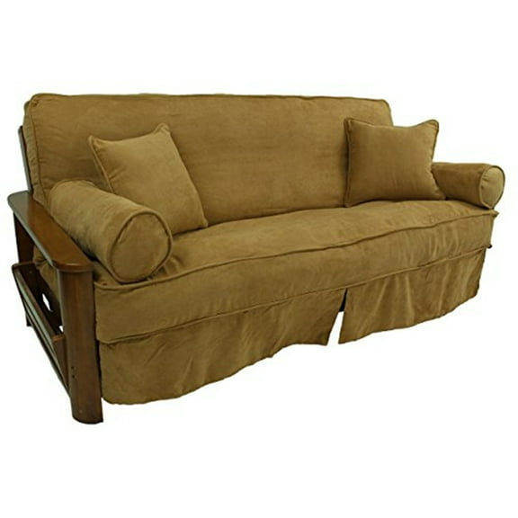 Solid Microsuede Double Corded 8 to 9-inch Full Futon Slipcover Set with Four Throw Pillows (Set of 5) - Black