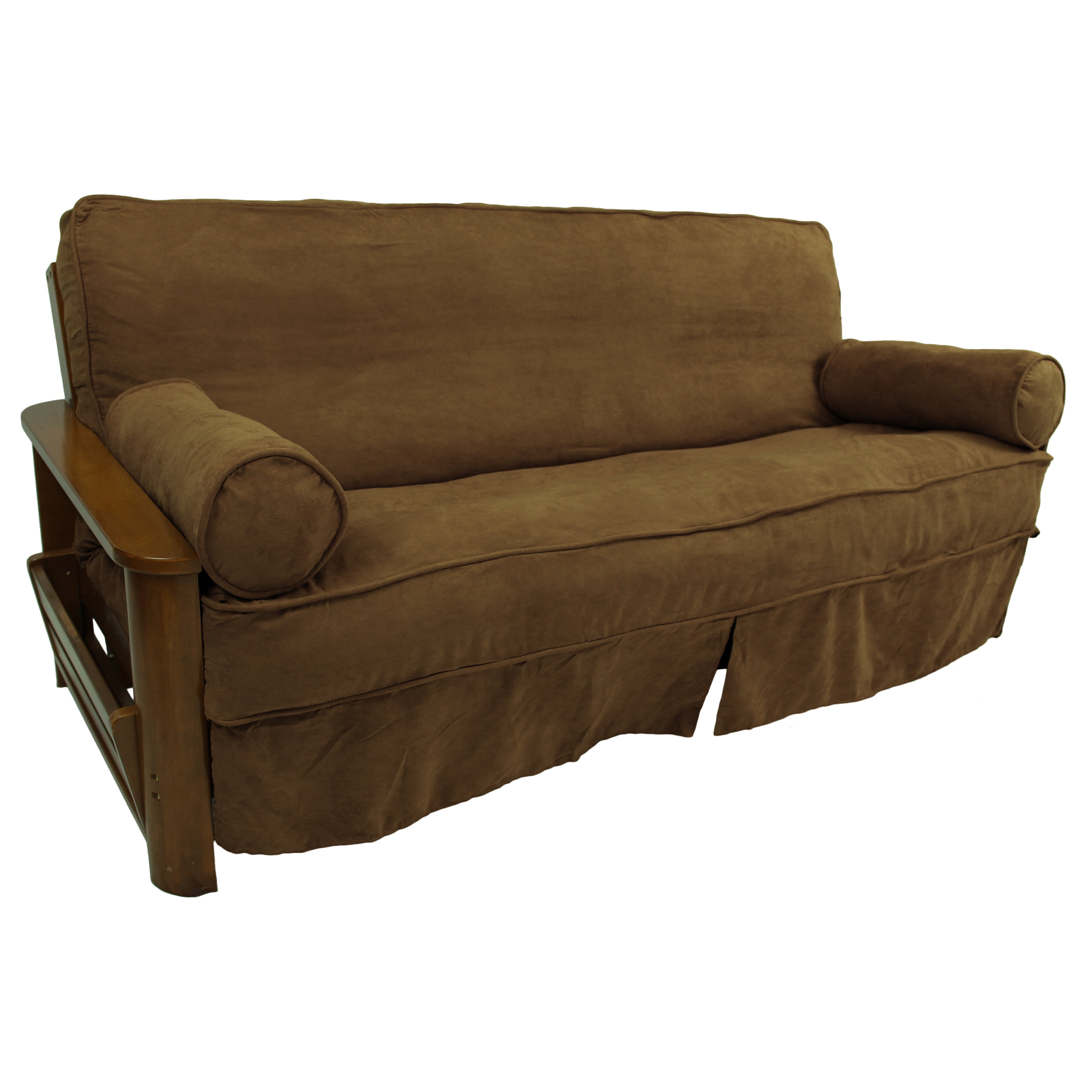 Saddle Brown Microsuede Full Futon Slipcover Set with Bolster Pillows