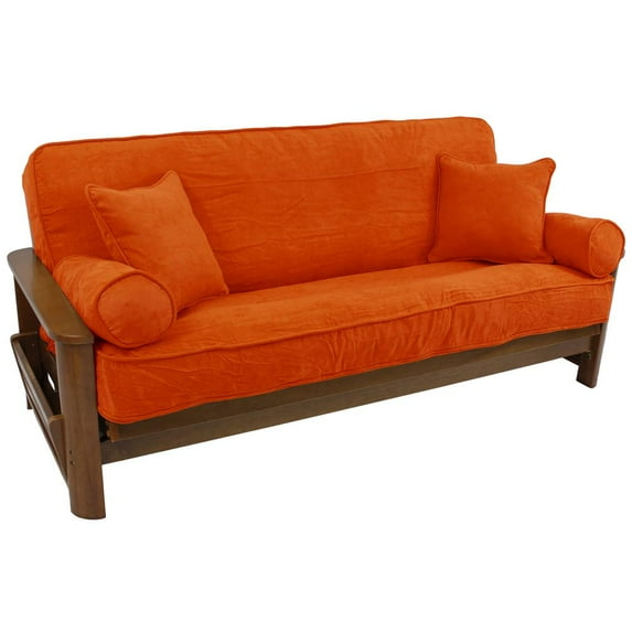Solid Microsuede Double Corded 8 to 9-inch Full Futon Cover Set with Four Throw Pillows (Set of 5) - Tangerine Dream