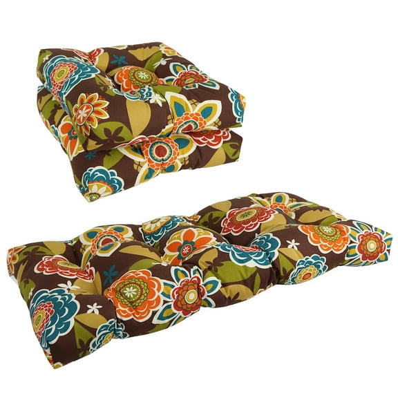 Blazing Needles Squared Patterned Spun Polyester Tufted Settee Cushions (Set of 3)