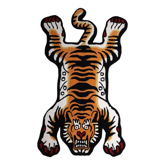 Blazing-Orange Tibetan Tiger Shaped Tufted Yogic Asana Mat from Mirzapur