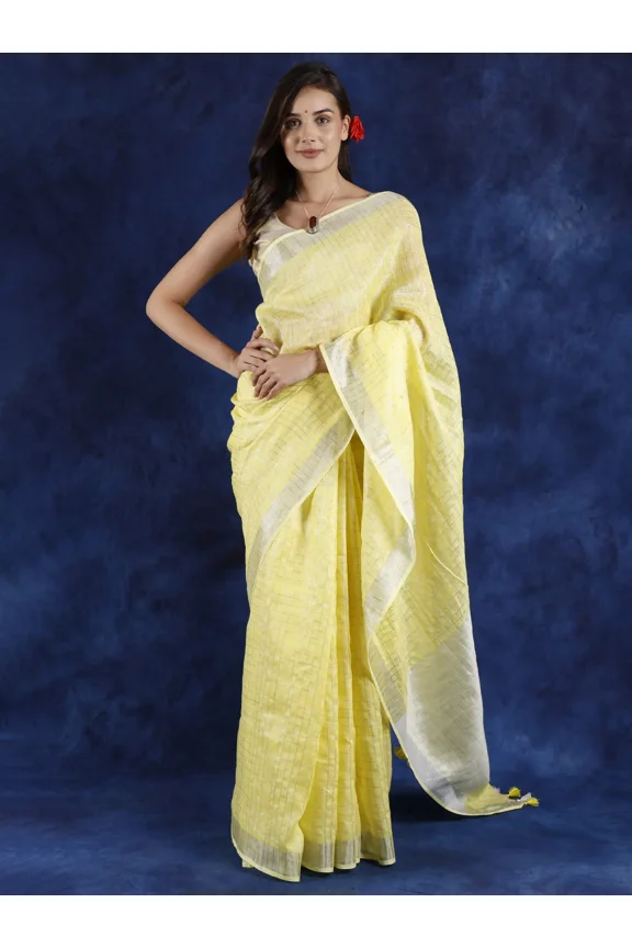 Blazing-Yellow Cotton Saree with Silver Zari Weave on Border and Aanchal