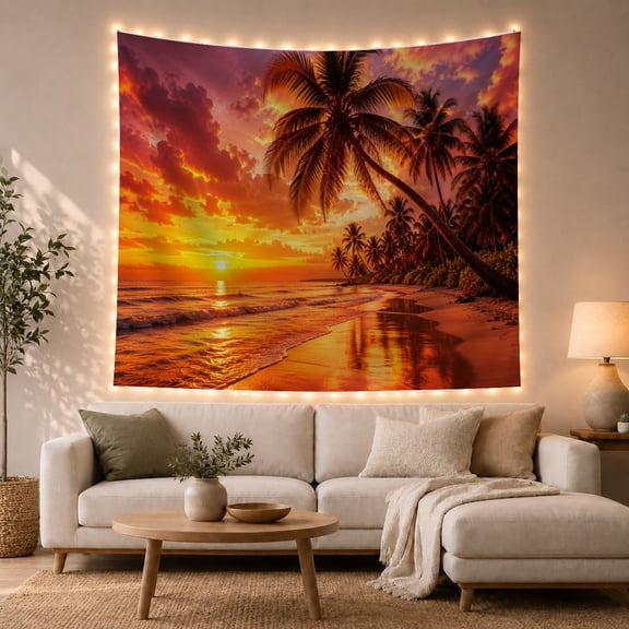 Blazing Yellow Sun with Palm Trees at Sunset Over Coastal Waves, Dramatic Boho for Beach Lovers, Tropical Ocean Wall Art, Birthday Gift, Tapestry Wall Hanging for Living Room and Bedroom