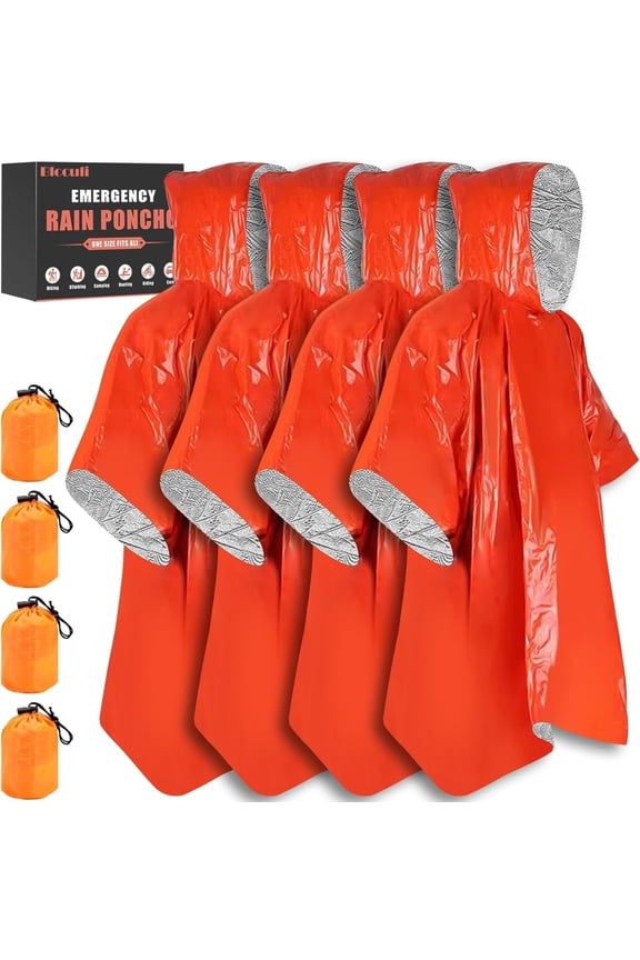 Blcculi 4 Pack Emergency Rain Poncho with Mylar Blanket Liner, Thermal Poncho Survival Blankets,Waterproof Emergency Thermal Blanket for Survival Gear,Camping,Hiking,Outdoor,Heavy Duty (Orange)