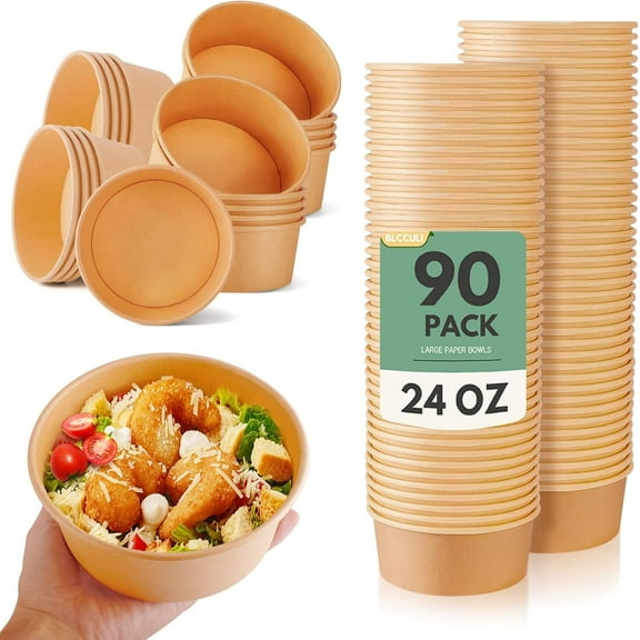 Blcculi 90 Pack Paper Bowls,24 oz Disposable Salad Bowls without Lids,Kraft Paper Salad Bowls,Disposable Soup Bowls,Disposable Serving Bowls,Food Containers for Soup,Hot/Cold Food,Ice cream,Dessert