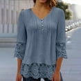 thumbnail image 1 of Blczomt 3/4 Length Sleeve T-Shirts for Women Gray Lace Dressy Blouses Formal V Neck Button Blouse Women, 1 of 8