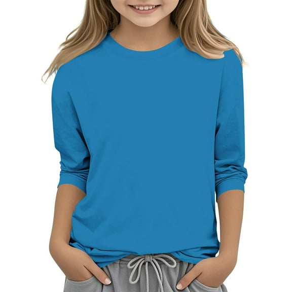 Blczomt 3/4 Sleeve Baby Girl Shirts Basic Casual T Shirts Blue Plain Trendy Crewneck Comfy Toddler Girl Clothes