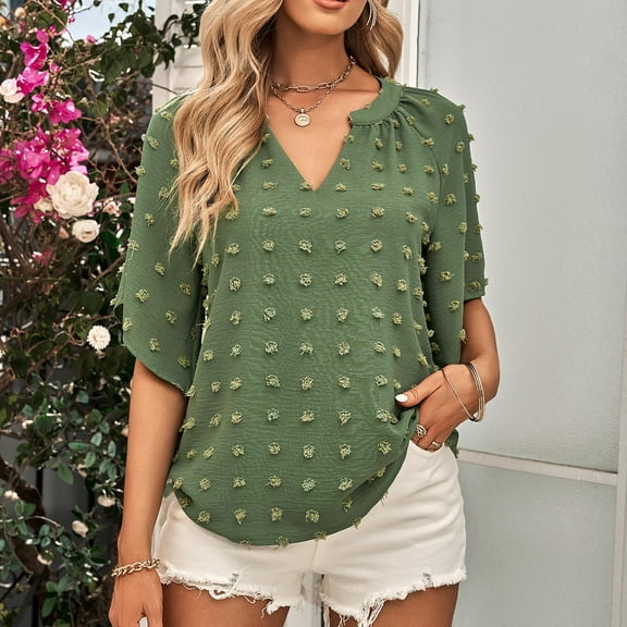 Blczomt 3/4 Sleeve Casual Tops for Women Summer Trendy T Shirt Plain V Neck Formal Green Spring Blouses for Women 2025