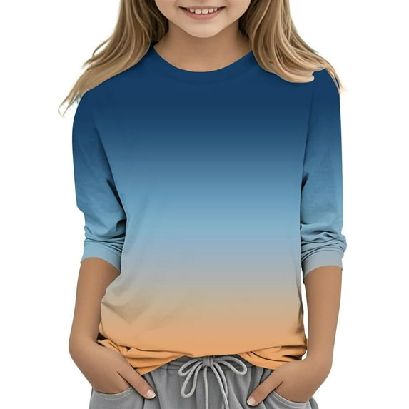 Blczomt 3/4 Sleeve Girls Shirt Casual Cute T-Shirt Loose Crewneck Yellow Gradient Fashion Children's Clothes