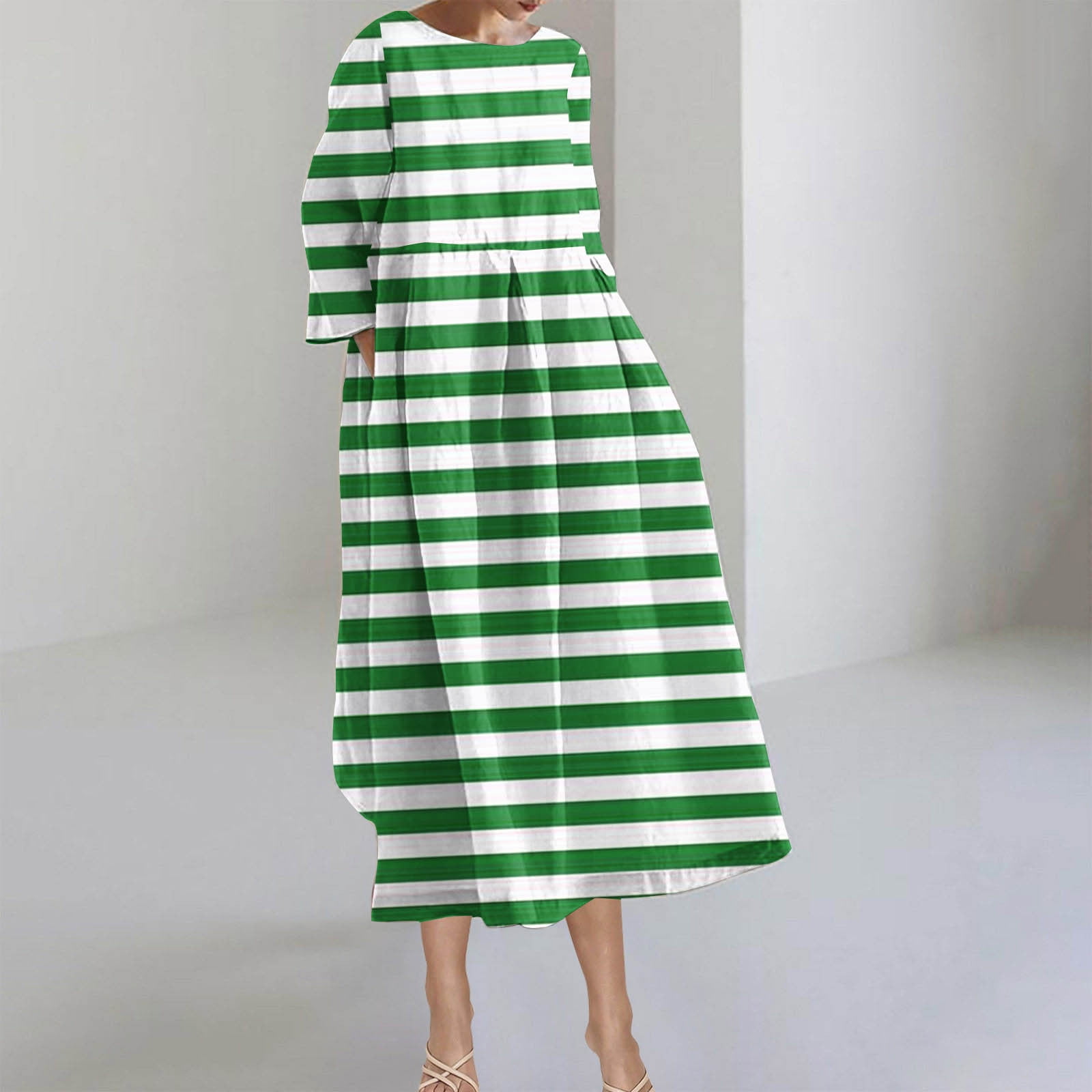 Women's Teal Green Plus Size Gradient Striped Off Shoulder Midi Dress