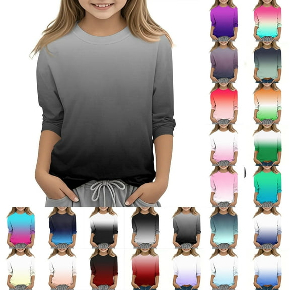 Blczomt 3/4 Sleeve T-Shirts for Girls Fashion Basic T Shirts Gradient Crewneck Black Casual Soft Girls Clothes
