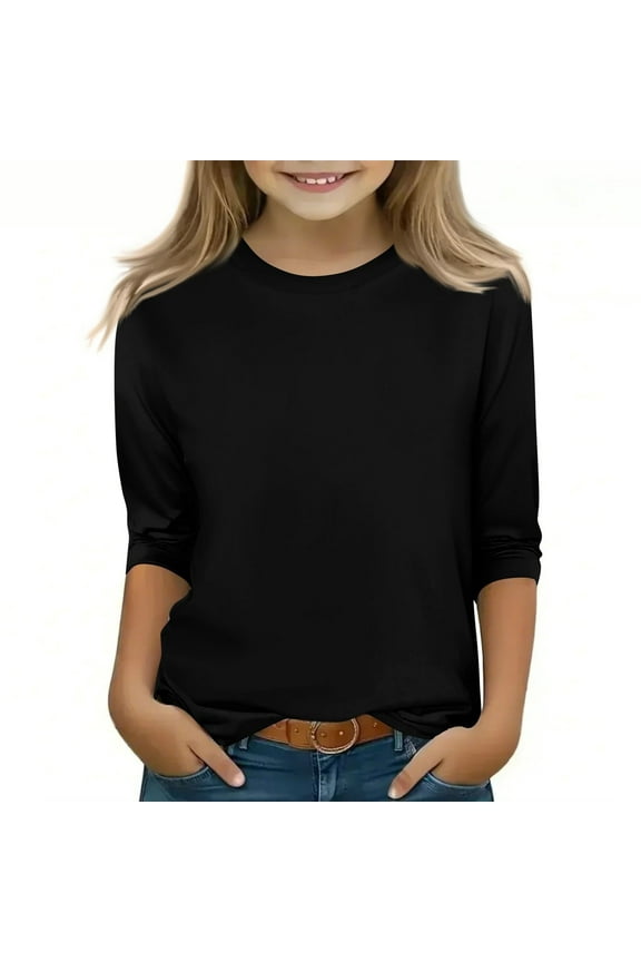 3/4 Sleeve Toddler Girl T Shirts Basic Fashion T Shirts Solid Color Black Crewneck Soft Casual Kids Clothes Girls