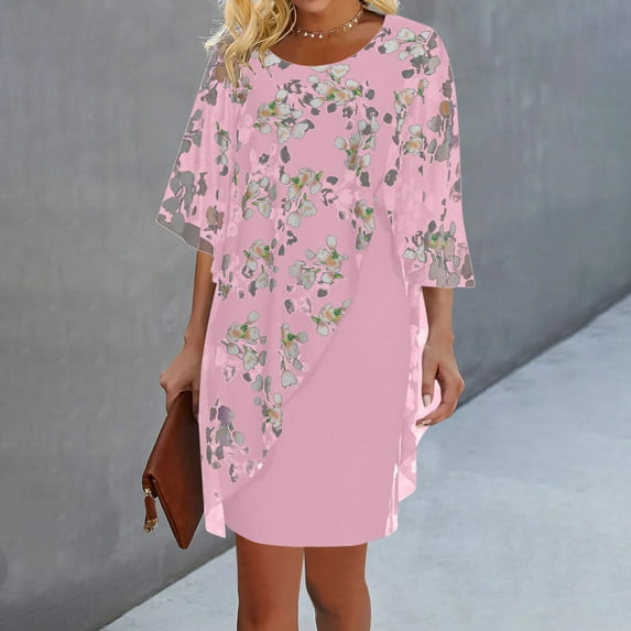 Blczomt 3/4 Sleeve Womens Y2K Dress Lace Formal Midi Pink Sheath Crew Neck Bodycon Dressy Dresses