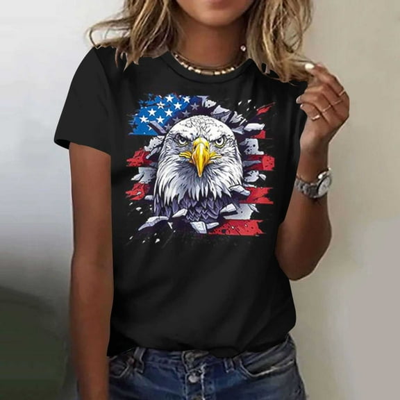Blczomt 4th of July Tops for Women Trendy Summer Patriotic Short Sleeve T Shirt Independence Day Round Neck Women's Blouses
