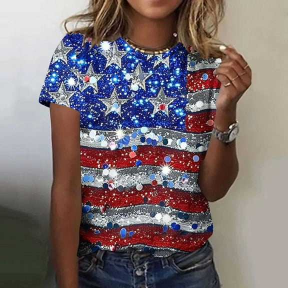 Blczomt 4th of July Womens Casual Tops Patriotic Short Sleeve T Shirt Summer Round Neck Independence Day Women's Blouses