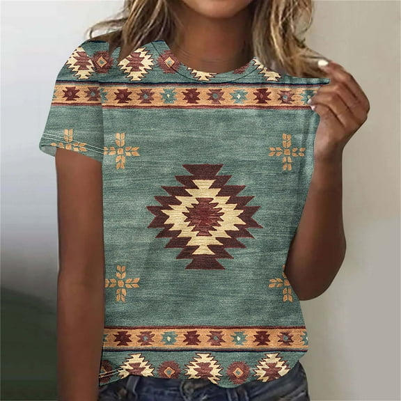 Blczomt Aztec Womens Shirts Western Summer Green Shirt Short Sleeve Crew Neck Trendy Blouses Women