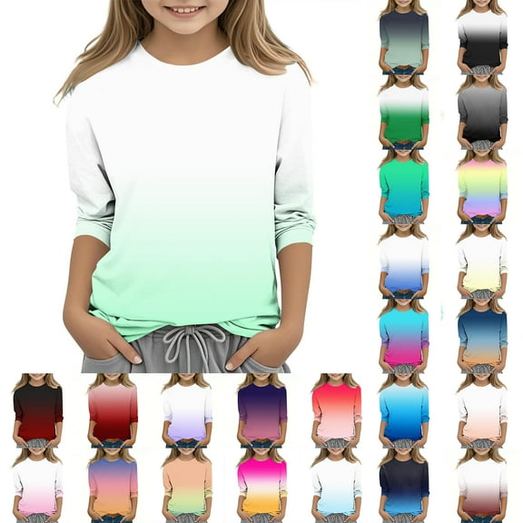 Blczomt Baby Girl Shirts Basic Casual 3/4 Sleeve T Shirts Comfy Green Gradient Trendy Crewneck Tween Girls Trendy Clothes
