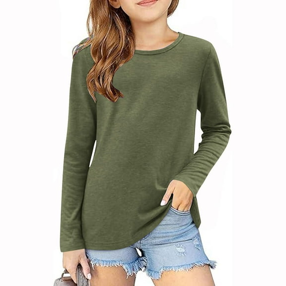 Blczomt Basic Girls Shirts Pullover Long Sleeve T-Shirt Loose Soft Casual Solid Color Green Tween Girl Clothing
