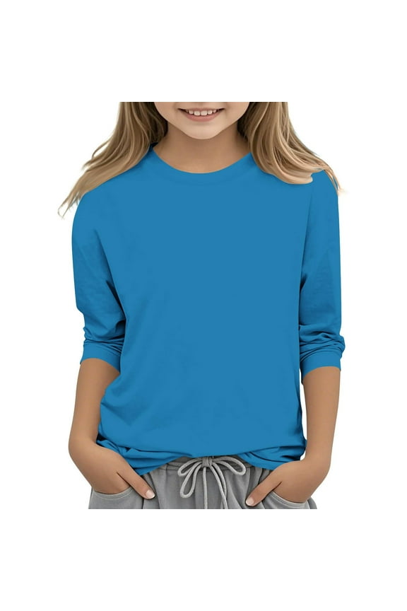 Basic Shirt Girls Casual 3/4 Sleeve T Shirts Crewneck Blue Plain Comfy Trendy Girls T Shirts