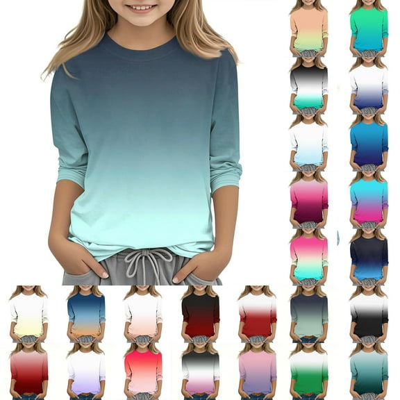 Blczomt Basic Shirt for Girls Fashion 3/4 Sleeve T Shirts Casual Gradient Crewneck Soft Green Tshirts for Kids Girls