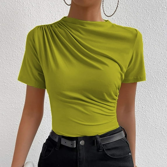 Blczomt Basic Womens T-Shirts Casual Green Summer Tops Short Sleeve Workout Athletic Pleats Womens Blouses