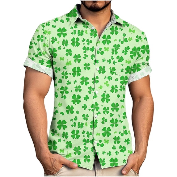 Blczomt Big & Tall Mens Short Sleeve Shirt Green Button Down St.Patrick's Day Tees Classic Button Up Summer Clover Graphic Men's Tops