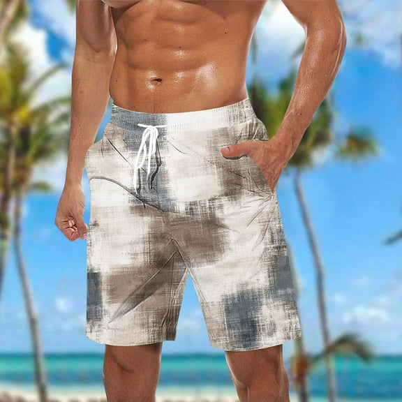 Blczomt Big and Tall Shorts for Men Elastic Waist Summer Beach White Lightweight Plaid Colorblock Men Clothing,L