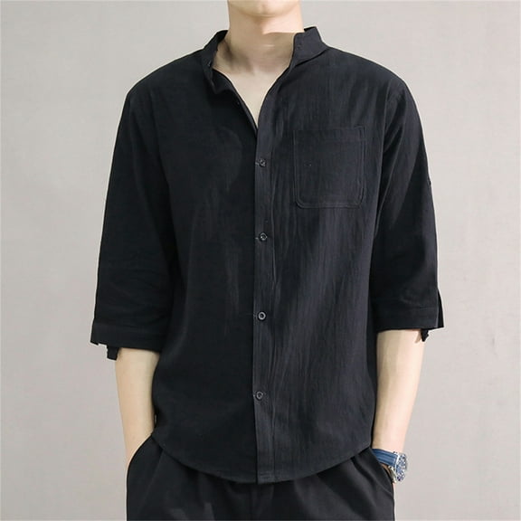 Blczomt Black Dress Shirts for Men 3/4 Sleeve Solid Cotton and Linen Collared Casual Button Down Shirts L