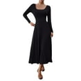 thumbnail image 1 of Blczomt Black Dresses Women Midi Long Sleeve Flowy A Line Pleated V Neck Dressy Solid Color Dresses, 1 of 6
