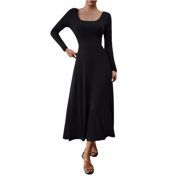 Blczomt Black Dresses Women Midi Long Sleeve Flowy A Line Pleated V Neck Dressy Solid Color Dresses