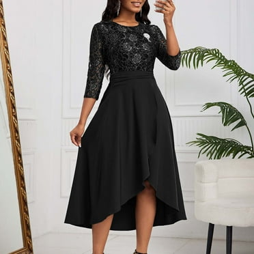 Blczomt Black Dresses for Women Flowy Swing Lace Long Sleeve A Line Formal Dressy Crew Neck Dress