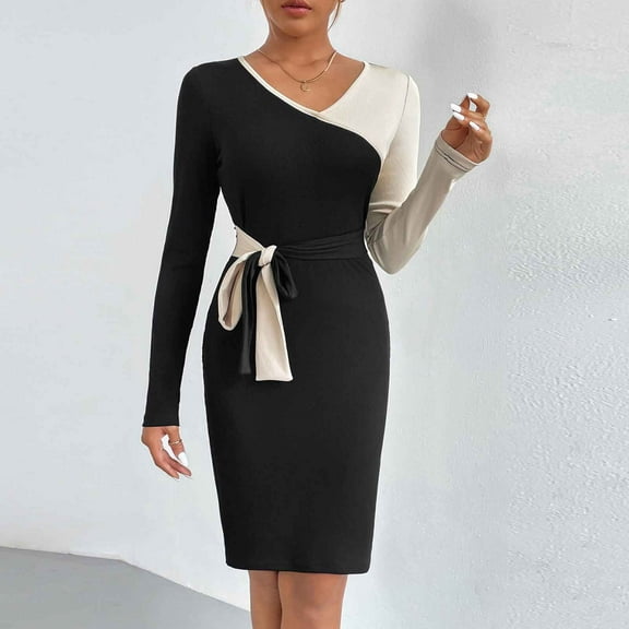 Blczomt Black Womens Dresses 2025 Long Sleeve Mini Party Plain Bodycon Dressy V Neck Dress