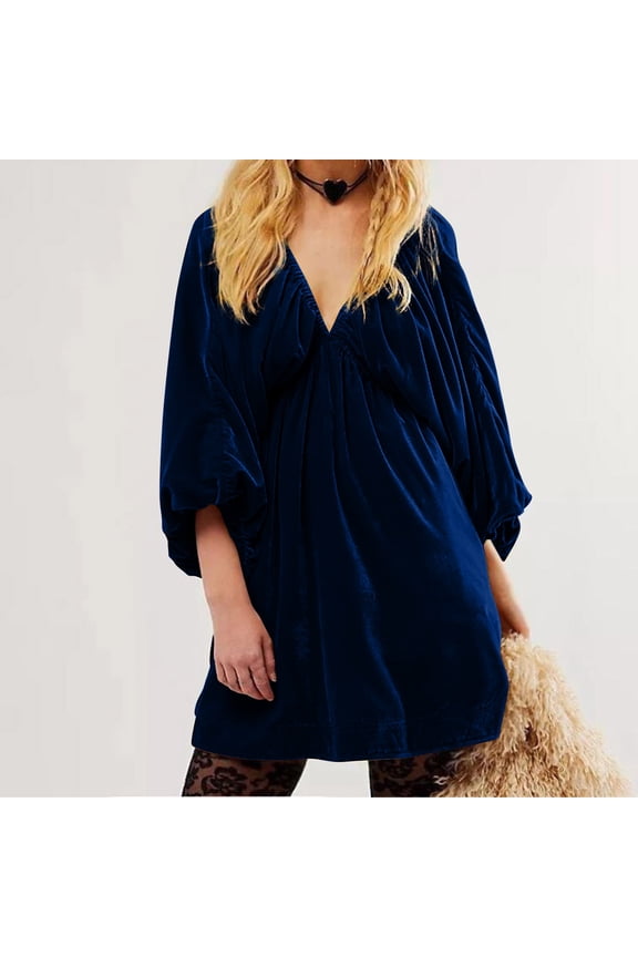Blue Dresses Women Long Sleeve Casual Velvet Plus Size Dress V Neck Trendy Loose Fit Dress