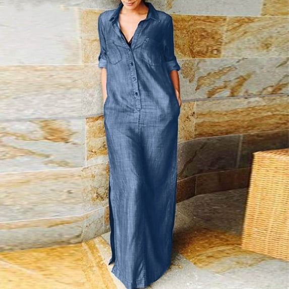 Blczomt Blue Holiday Dresses for Women 2024 Elbow Sleeve Maxi Formal Plain Dress V Neck Denim Casual Dresses