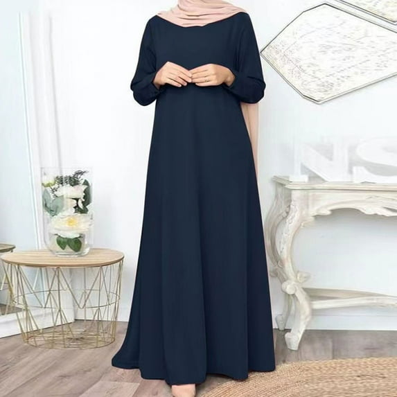 Blczomt Blue Holiday Dresses for Women 2025 Long Sleeve Loose Plain Muslim A Line Crewneck Basic Maxi Dresses