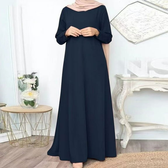Blczomt Blue Holiday Dresses for Women Plain Long Sleeve Loose Muslim A Line Crewneck Maxi Basic Dress
