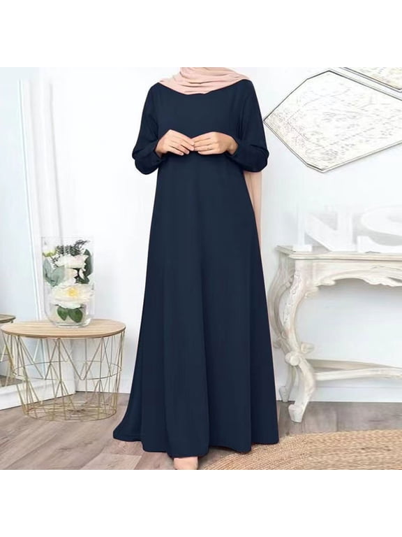 Blue Holiday Dresses for Women Plain Long Sleeve Loose Muslim A Line Crewneck Maxi Basic Dress