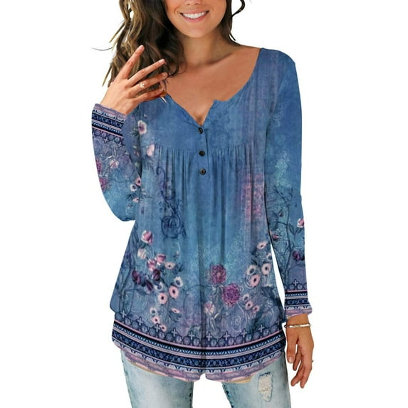 Blczomt Blue Shirts for Women 2025 Floral Long Sleeve Plus Size Shirt Pleated Crew Neck Peplum Ladies Blouse XXXXL