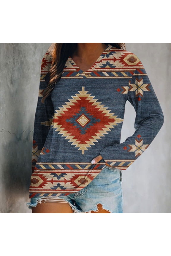 Blue Women's Tops Plus Size Long Sleeve Tunic Western Shirts Aztec Fashion V Neck Blouse Women
