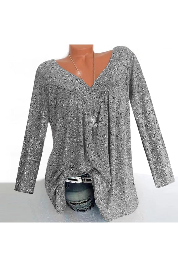 Boho Womens Tops Under $10 Dressy Casual Long Sleeve Gray Shirt Pleated Crew Neck Fall Winter Womens Clothes XL