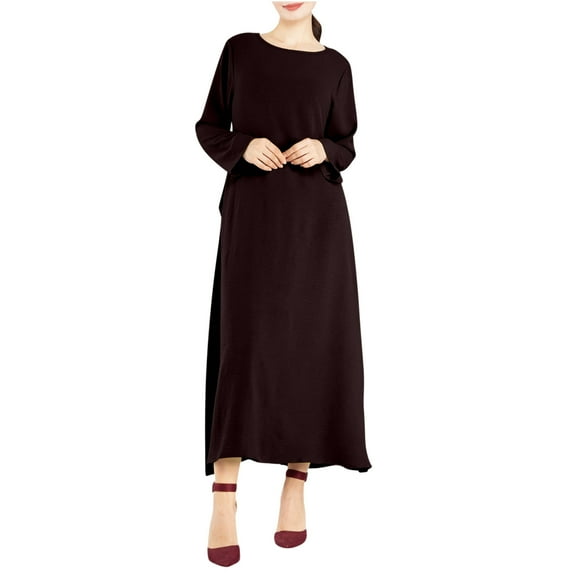 Blczomt Brown Womens Holiday Dress Plain Long Sleeve Casual Maxi Dresses Crewneck Dressy Formal Dresses