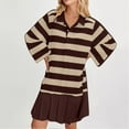 thumbnail image 1 of Blczomt Brown Womens Y2K Dress Long Sleeve Striped Mini Loose A Line Pleated V Neck Casual Dress, 1 of 9