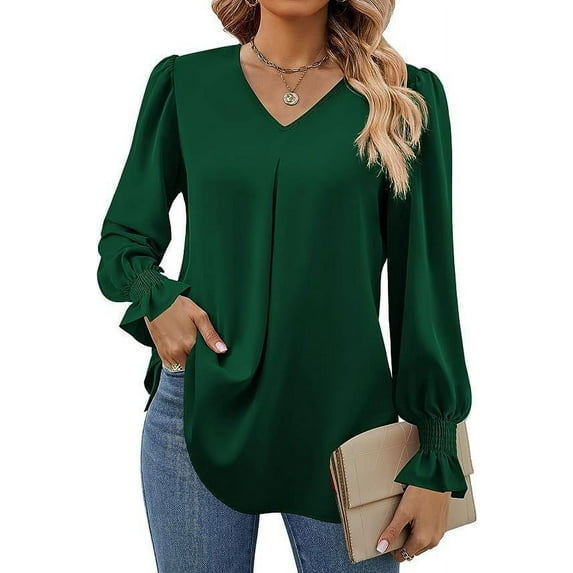 Blczomt Business Casual Tops for Women Puff Sleeve Plain Green Blouses Fashion Elegant V Neck Dressy Womens Blouses