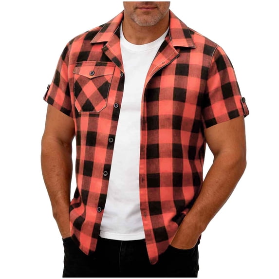 Blczomt Button Down Mens Shirt Plaid Orange 2026 Short Sleeve T Shirts Big and Tall Mens Summer Clothes